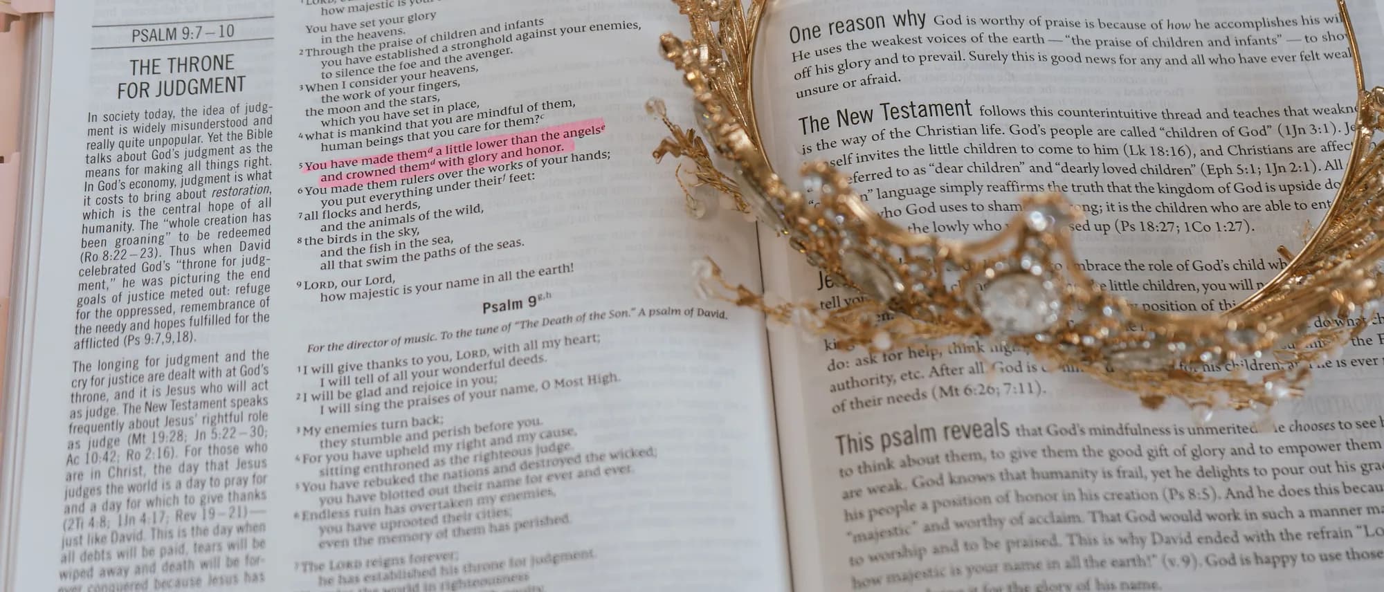 A gold crown resting over an open scripture